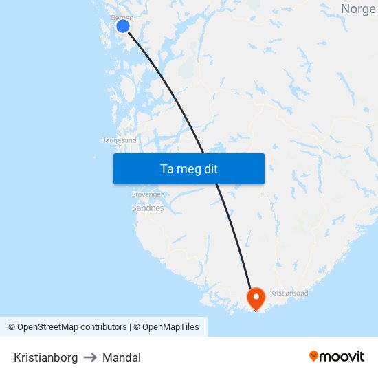 Kristianborg to Mandal map