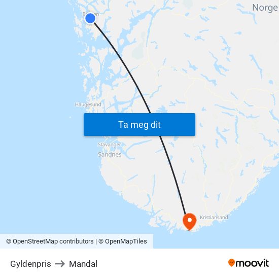 Gyldenpris to Mandal map