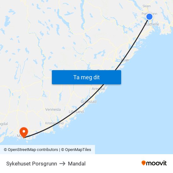 Sykehuset Porsgrunn to Mandal map