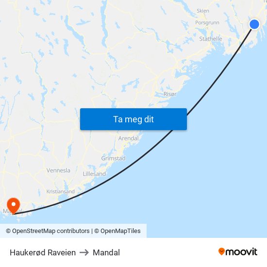 Haukerød Raveien to Mandal map