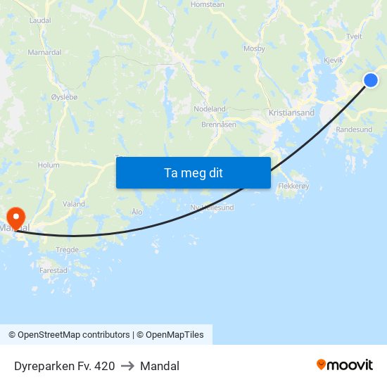 Dyreparken Fv. 420 to Mandal map