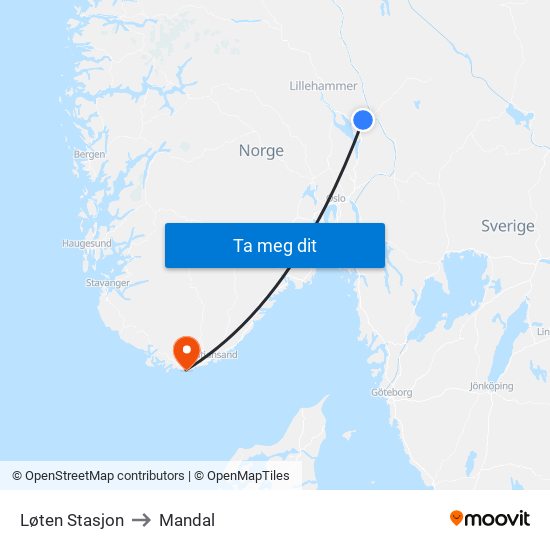 Løten Stasjon to Mandal map