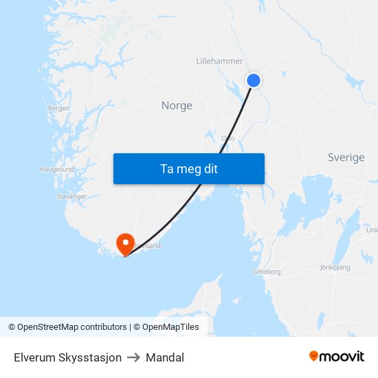 Elverum Skysstasjon to Mandal map