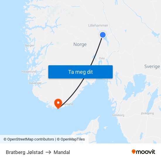 Bratberg Jølstad to Mandal map