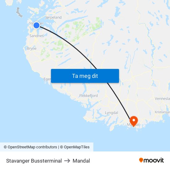 Stavanger Bussterminal to Mandal map