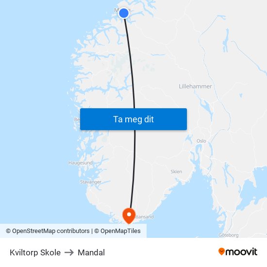 Kviltorp Skole to Mandal map