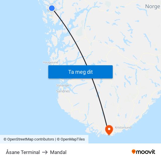 Åsane Terminal to Mandal map