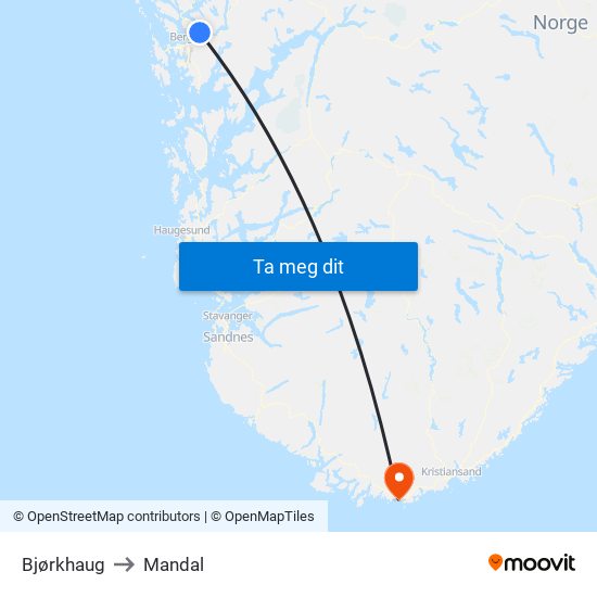 Bjørkhaug to Mandal map