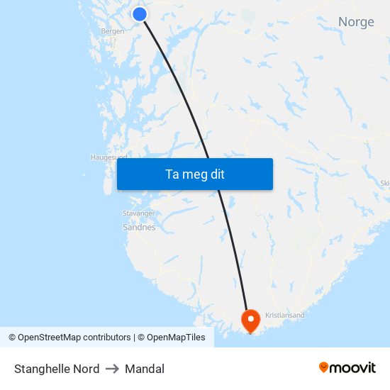 Stanghelle Nord to Mandal map