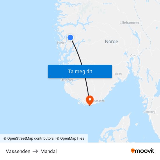 Vassenden to Mandal map