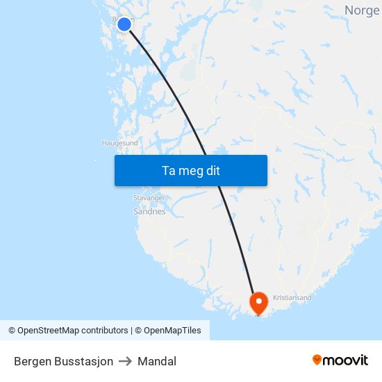 Bergen Busstasjon to Mandal map