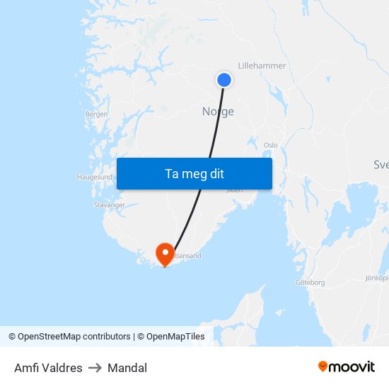 Amfi Valdres to Mandal map