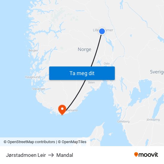 Jørstadmoen Leir to Mandal map