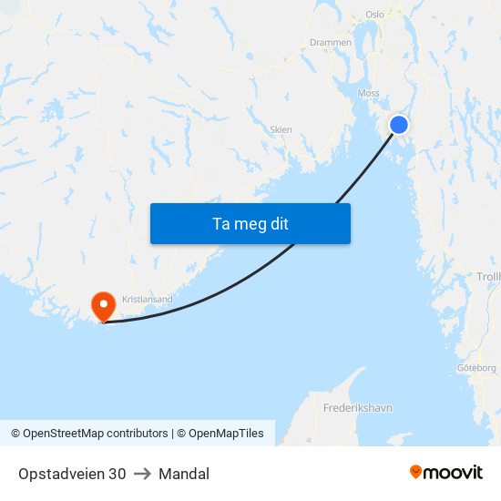 Opstadveien 30 to Mandal map