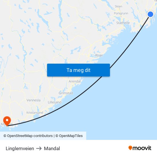 Linglemveien to Mandal map