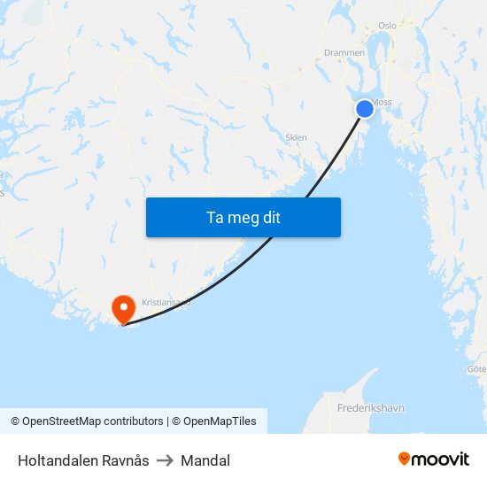 Holtandalen Ravnås to Mandal map
