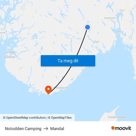 Notodden Camping to Mandal map