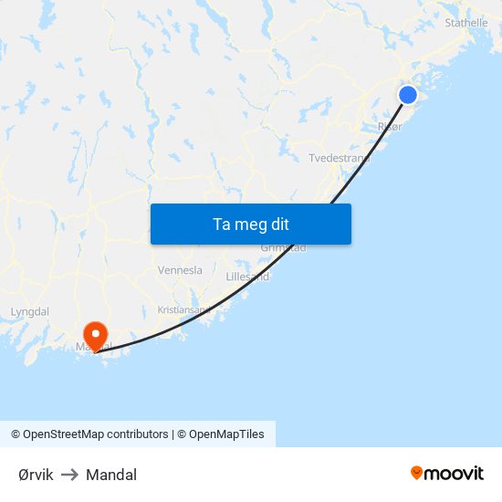 Ørvik to Mandal map