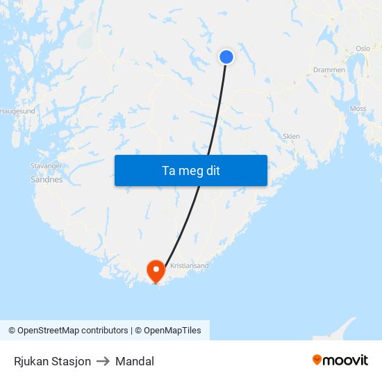 Rjukan Stasjon to Mandal map