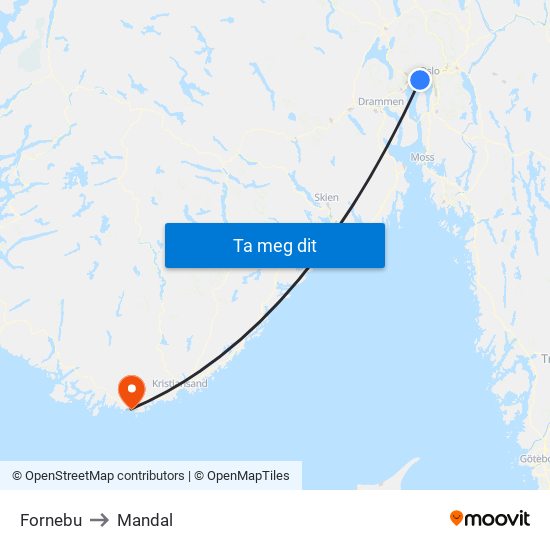 Fornebu to Mandal map