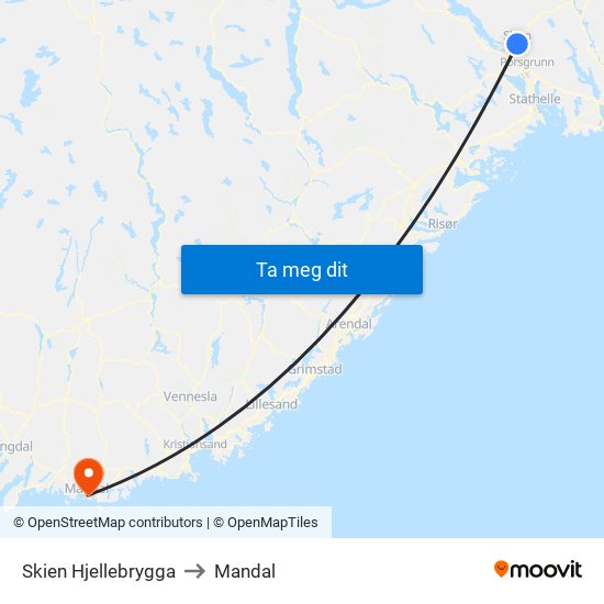 Skien Hjellebrygga to Mandal map