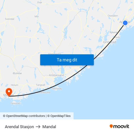 Arendal Stasjon to Mandal map