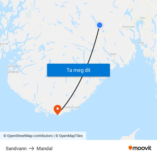 Sandvann to Mandal map