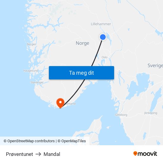 Prøventunet to Mandal map