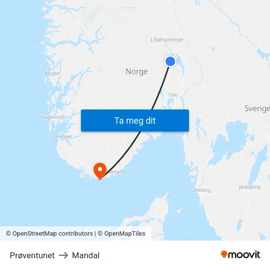 Prøventunet to Mandal map