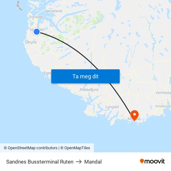 Sandnes Bussterminal Ruten to Mandal map