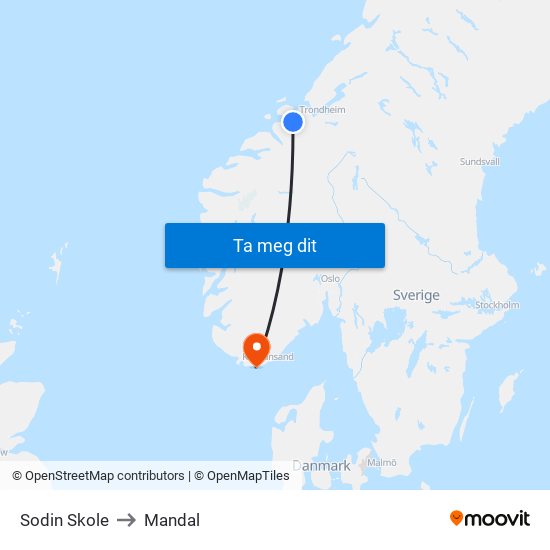 Sodin Skole to Mandal map