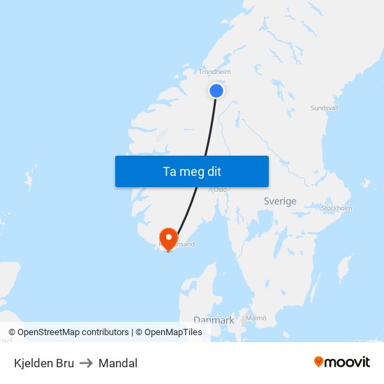 Kjelden Bru to Mandal map