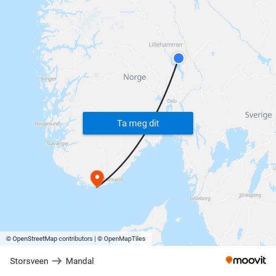 Storsveen to Mandal map