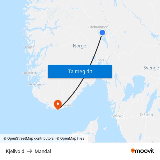 Kjellvold to Mandal map