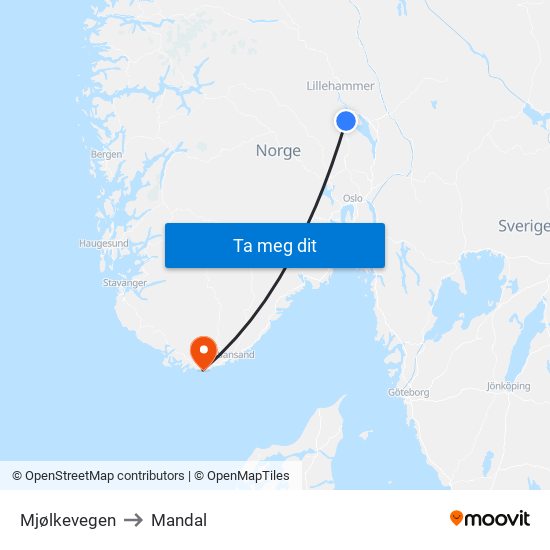 Mjølkevegen to Mandal map