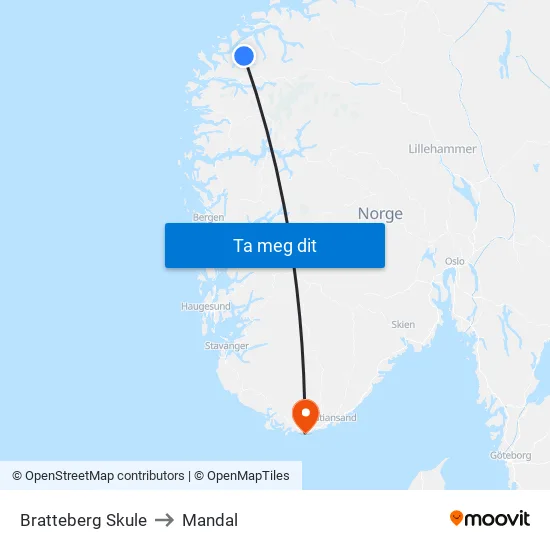 Bratteberg Skule to Mandal map