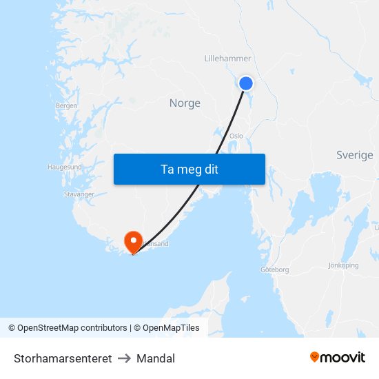 Storhamarsenteret to Mandal map