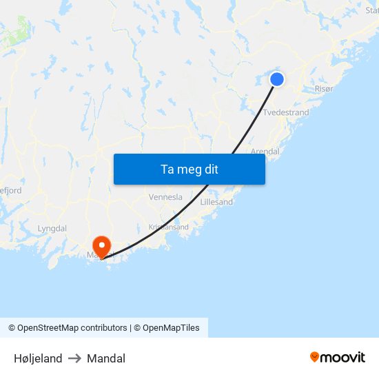 Høljeland to Mandal map