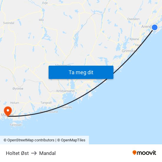 Holtet Øst to Mandal map