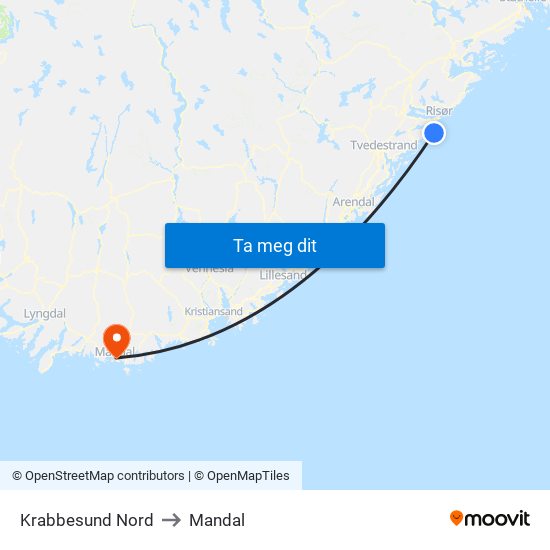 Krabbesund Nord to Mandal map