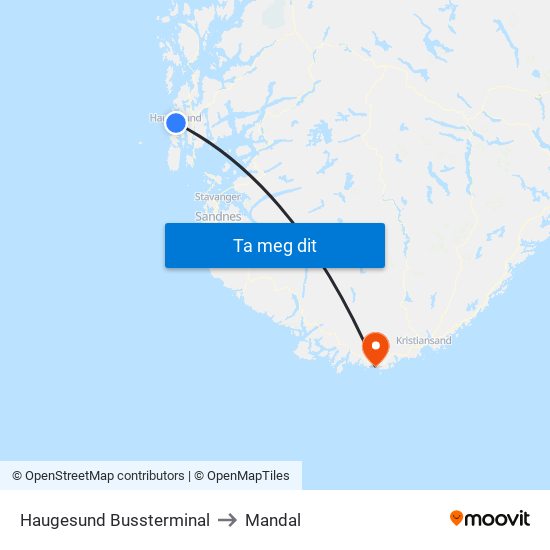 Haugesund Bussterminal to Mandal map