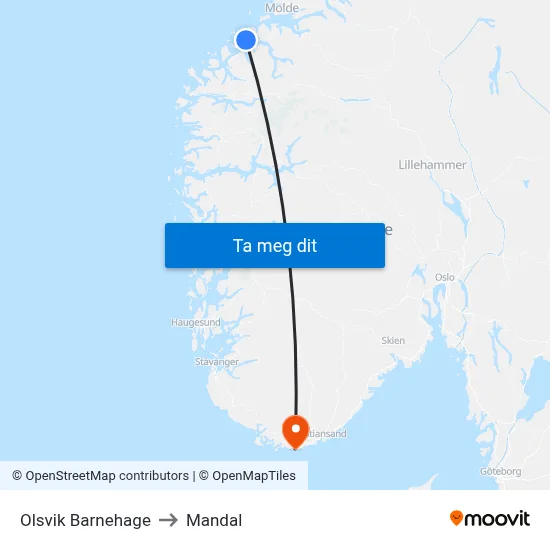 Olsvik Barnehage to Mandal map