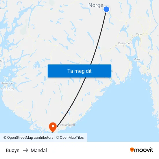 Buøyni to Mandal map