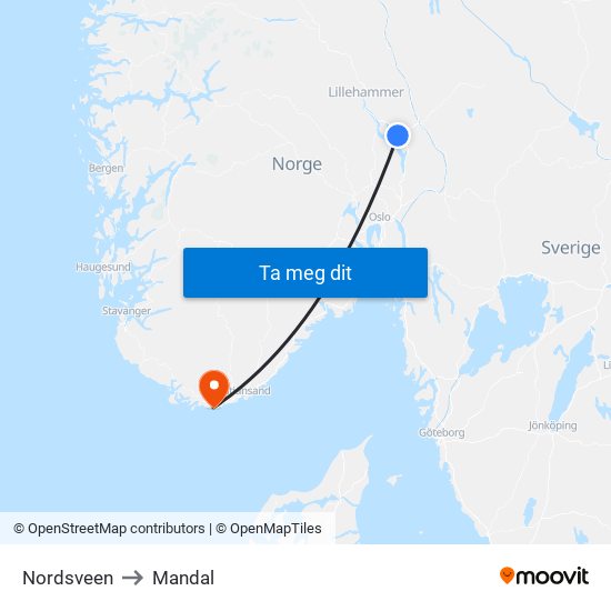 Nordsveen to Mandal map