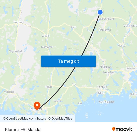 Klomra to Mandal map