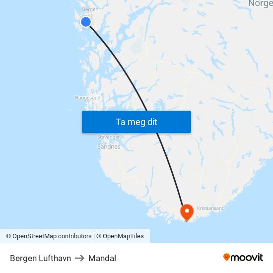 Bergen Lufthavn to Mandal map