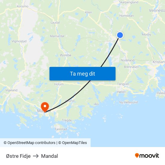 Østre Fidje to Mandal map