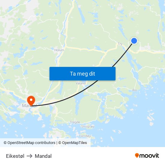 Eikestøl to Mandal map