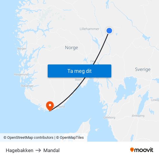 Hagebakken to Mandal map