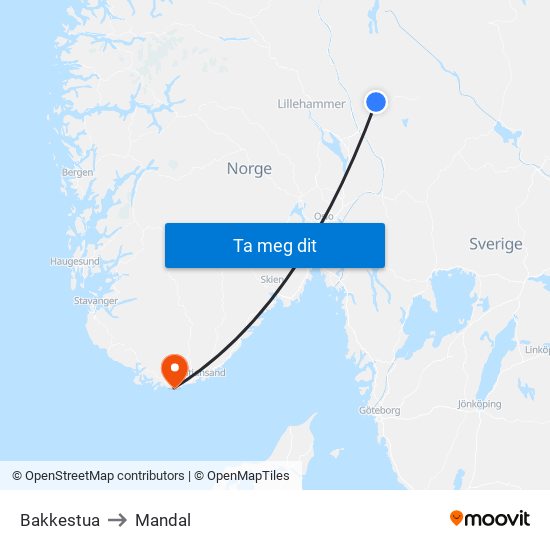 Bakkestua to Mandal map